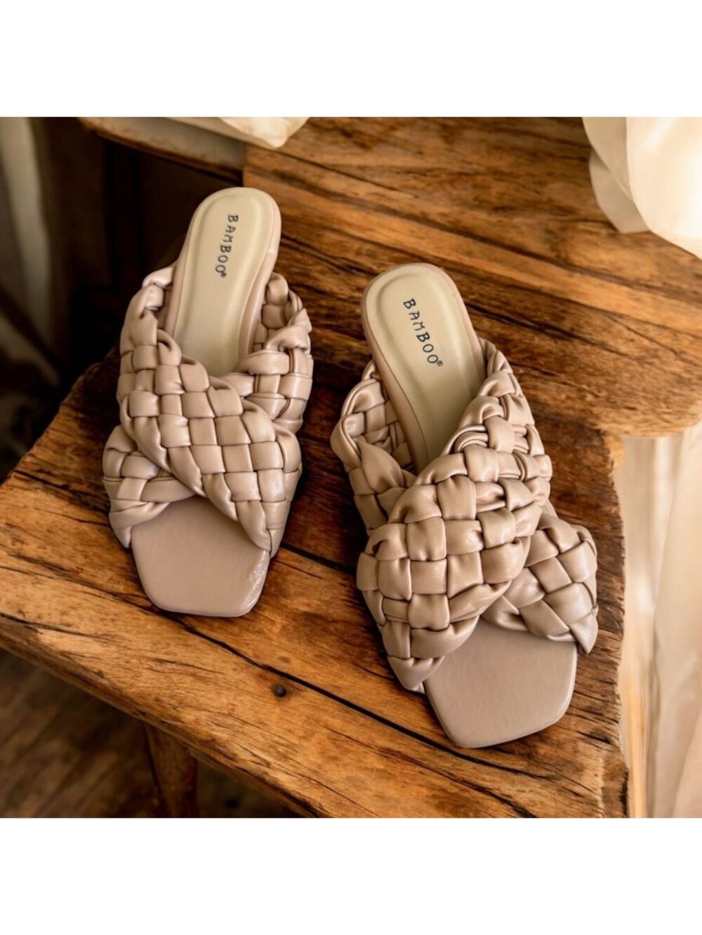 BAMBOO Beige Woven Braided Slide Sandals Size 6.5 NEW NWOB